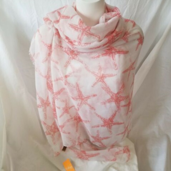 Coral On White Starfish Wrap Shawl Scarf Coverup - Picture 3 of 7